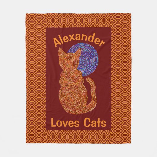 パーソナライズなオレンジ猫および月の猫好き フリースブランケット (正面)