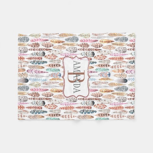 パーソナライズなカラフルなボヘミアの種族の羽 フリースブランケット (正面(横))