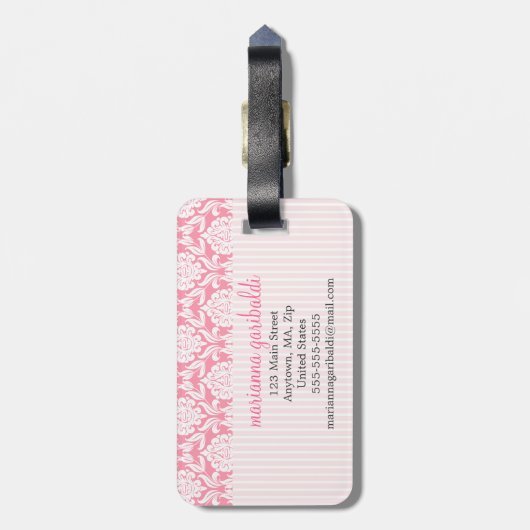 パーソナライズなガーリーでエレガントなピンクのダマスク織の覆いの弓 ラゲッジタグ (裏面縦)