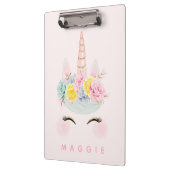 パーソナライズなガーリーな花のユニコーンのピンクの金ゴールド クリップボード (左)