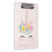 パーソナライズなガーリーな花のユニコーンのピンクの金ゴールド クリップボード (右)