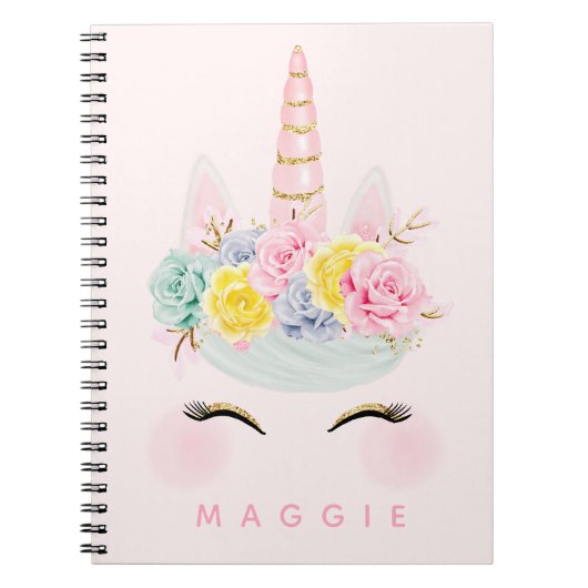 パーソナライズなガーリーな花のユニコーンのピンクの金ゴールド ノートブック (正面)