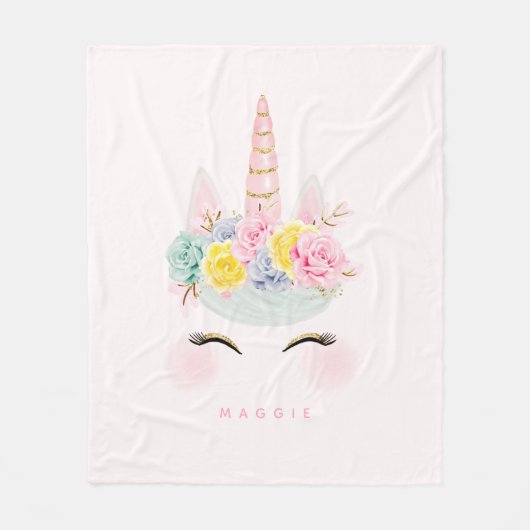 パーソナライズなガーリーな花のユニコーンのピンクの金ゴールド フリースブランケット (正面)