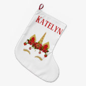 パーソナライズなクリスマスのユニコーンのポインセチアの赤い金ゴールド ラージクリスマスストッキング (正面 (吊り時))