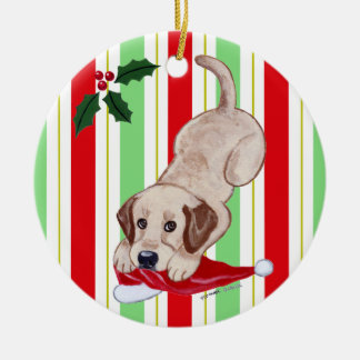 パーソナライズなクリスマスのYellowkの実験室の子犬 セラミックオーナメント