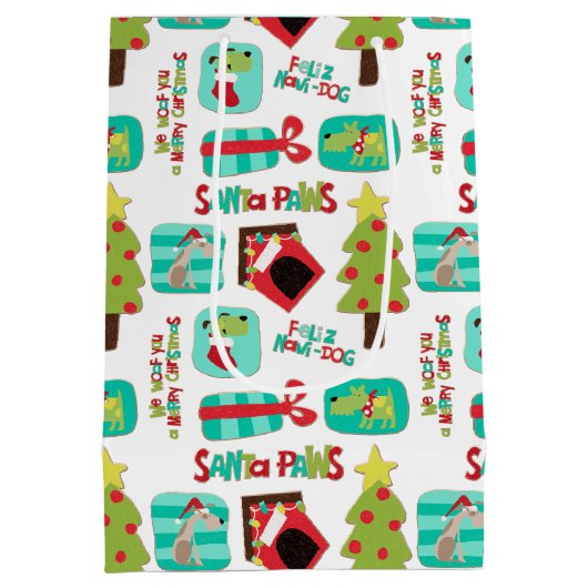 パーソナライズなクリスマス犬パターン ミディアムペーパーバッグ (裏面)