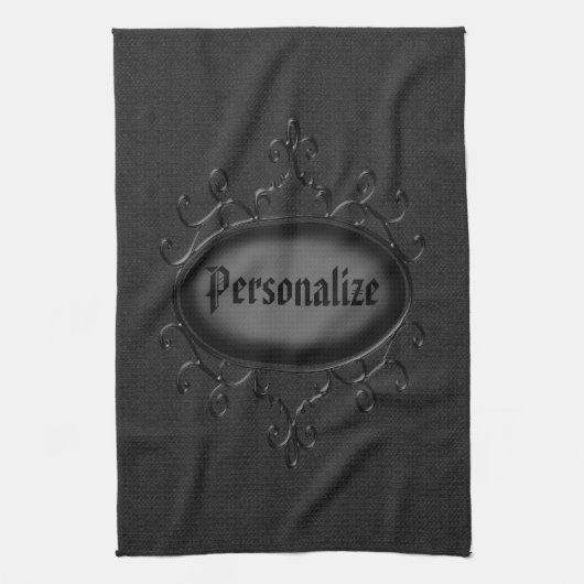 パーソナライズなゴシック様式オーナメントの黒の台所タオル キッチンタオル (縦)