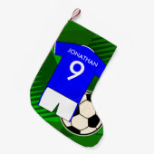 パーソナライズなサッカージャージーの青および白 スモールクリスマスストッキング (正面 (吊り時))