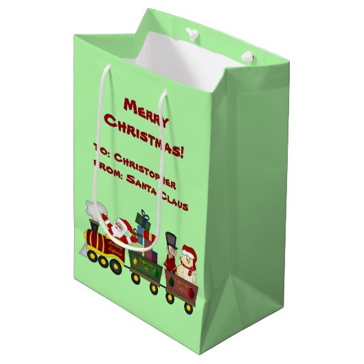 パーソナライズなサンタクロースの休日の列車 ミディアムペーパーバッグ (正面アングル)