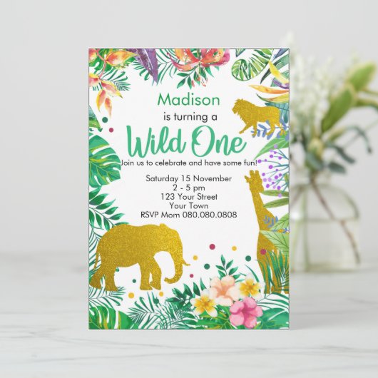 パーソナライズなジャングルサファリの第1誕生日の招待状 招待状 (スタンド正面)