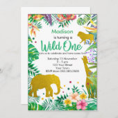 パーソナライズなジャングルサファリの第1誕生日の招待状 招待状 (正面/裏面)