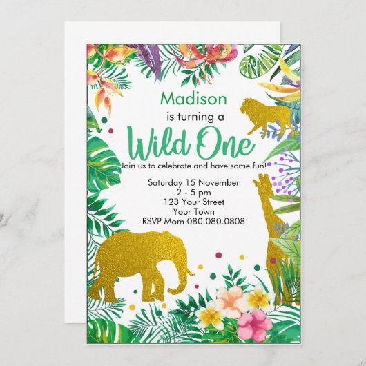パーソナライズなジャングルサファリの第1誕生日の招待状 招待状 (正面/裏面)