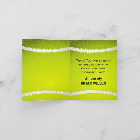 パーソナライズなスポーツのパーティーのテニスのテーマは感謝していしています サンキューカード (内部)