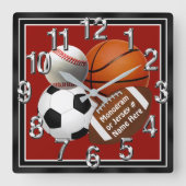 パーソナライズなスポーツの柱時計あなたの文字、色 スクエア壁時計 (正面)