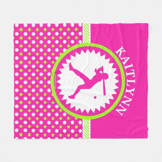 パーソナライズなソフトボールのピンク-緑の水玉模様 フリースブランケット (正面(横))