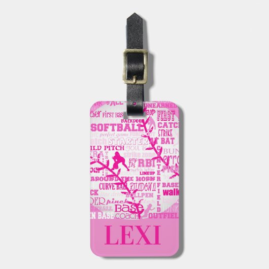 パーソナライズなソフトボールの女の子の単語およびシルエット ラゲッジタグ (正面縦)