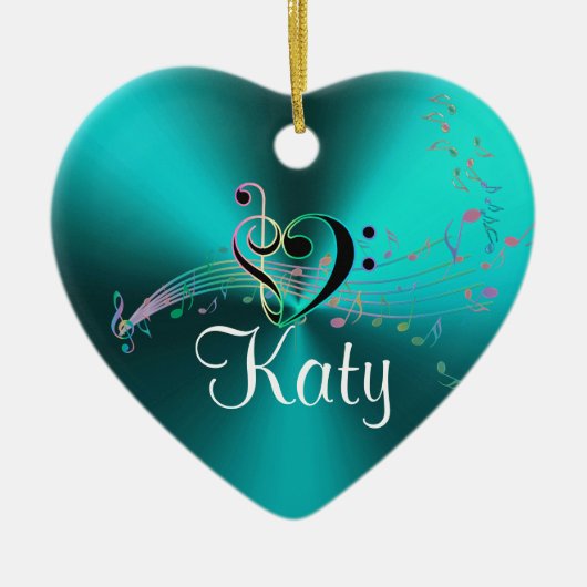 パーソナライズなターコイズ音楽は休日のハートに注意します セラミックオーナメント (正面)