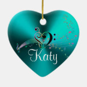 パーソナライズなターコイズ音楽は休日のハートに注意します セラミックオーナメント (裏面)