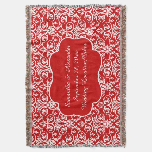 パーソナライズなダマスク織の結婚式または記念品のカスタムな赤 スローブランケット (正面縦)