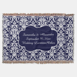 パーソナライズなダマスク織の結婚式または記念品の濃紺 スローブランケット