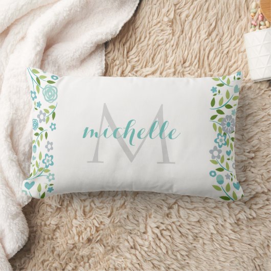 パーソナライズなティール(緑がかった色)のミントの花のモノグラムパターン ランバークッション (ブランケット)