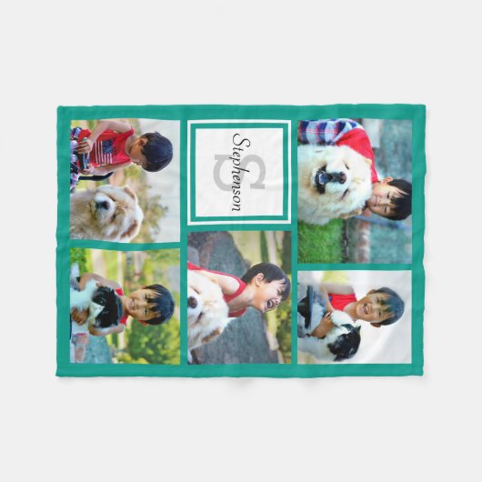 パーソナライズなティール(緑がかった色)のモノグラムのな青い写真のコラージュ フリースブランケット (正面(横))