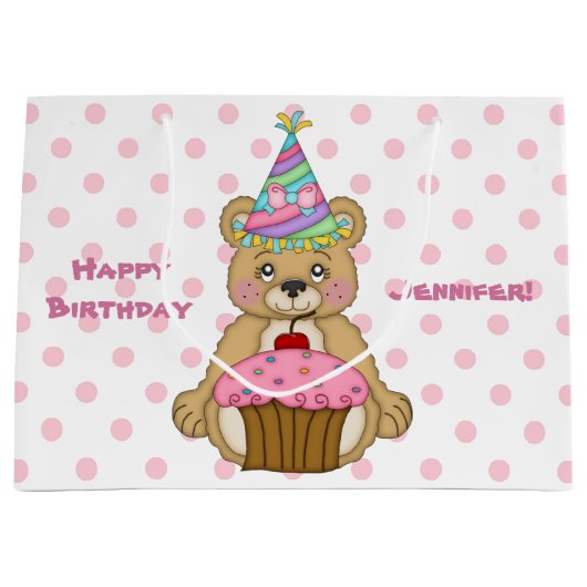 パーソナライズなテディー・ベアのカップケーキのピンク ラージペーパーバッグ (正面)
