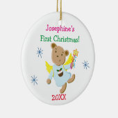 パーソナライズなテディー・ベアの天使の初めてのクリスマス セラミックオーナメント (右)