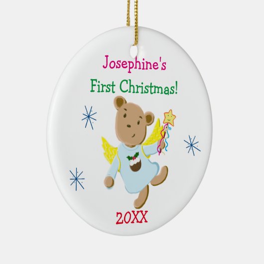 パーソナライズなテディー・ベアの天使の初めてのクリスマス セラミックオーナメント (右)