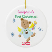 パーソナライズなテディー・ベアの天使の初めてのクリスマス セラミックオーナメント (裏面)