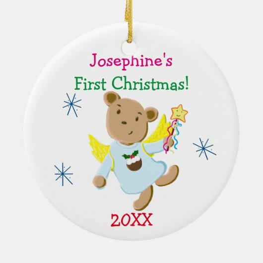 パーソナライズなテディー・ベアの天使の初めてのクリスマス セラミックオーナメント (裏面)