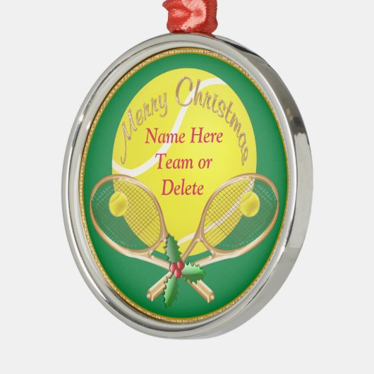 パーソナライズなテニスのクリスマスオーナメント、あなたの文字 メタルオーナメント (左)