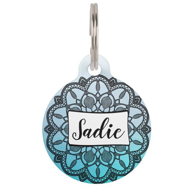 パーソナライズなドッグタッグの、青および黒い曼荼羅 ペット　ネームタグ (正面)