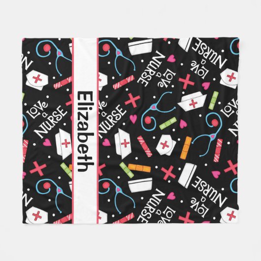 パーソナライズなナースの芸術の黒の名前を愛して下さい フリースブランケット (正面(横))