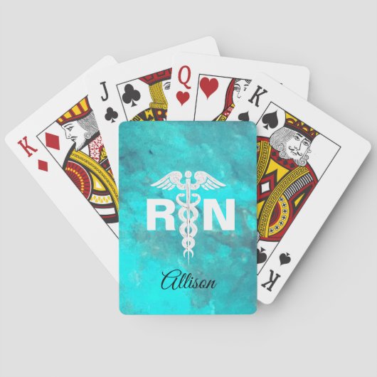 パーソナライズなナースRNのターコイズの大理石のケリュケイオン トランプ (裏面)