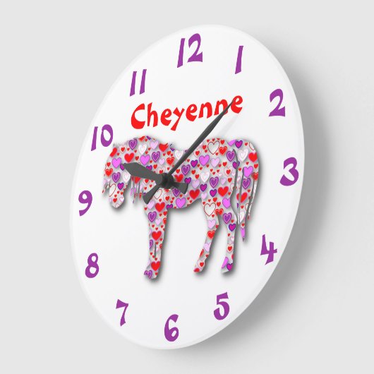 パーソナライズなハートの馬の紫色、ピンクおよび赤い子馬 ラージ壁時計 (傾斜)