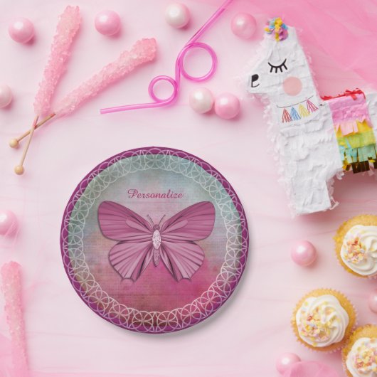 パーソナライズなバーガンディの蝶パーティーの紙皿 ペーパープレート (パーティー)