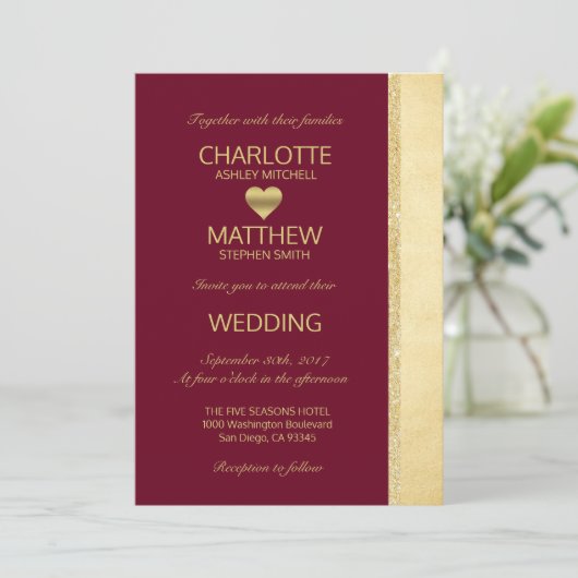 パーソナライズなバーガンディの金ゴールドの秋の結婚式の招待状 招待状 (スタンド正面)