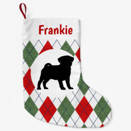 パーソナライズなパグの赤いおよび緑のアーガイル柄のなパターン スモールクリスマスストッキング