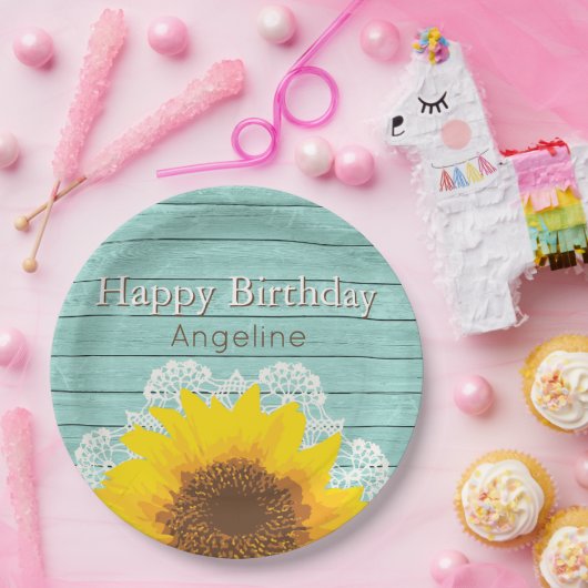 パーソナライズなヒマワリ及びレースの誕生日 ペーパープレート (パーティー)