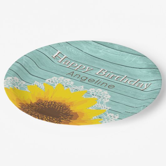 パーソナライズなヒマワリ及びレースの誕生日 ペーパープレート (アングル)