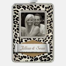 パーソナライズなヒョウのプリントの休日の写真のオーナメント シルバープレートフレームオーナメント