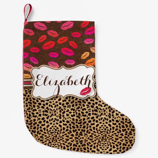 パーソナライズなヒョウのプリントの唇のキス スモールクリスマスストッキング (正面)