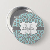 パーソナライズなヒョウのプリントの青および灰色ボタン 缶バッジ (正面&裏面)