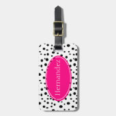 パーソナライズなピンクおよび黒い水玉模様の荷物のラベル ラゲッジタグ (正面縦)