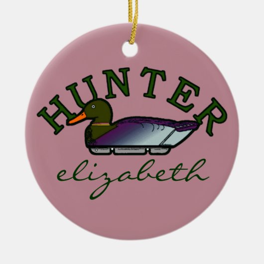 パーソナライズなピンクのアヒルのハンター セラミックオーナメント (正面)