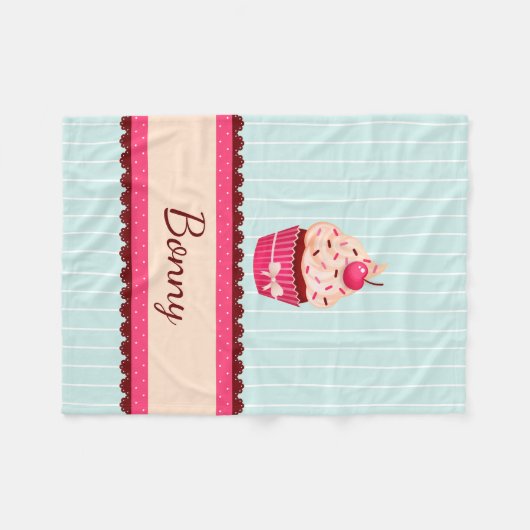 パーソナライズなピンクのカップケーキのミントの青の背景 フリースブランケット (正面(横))