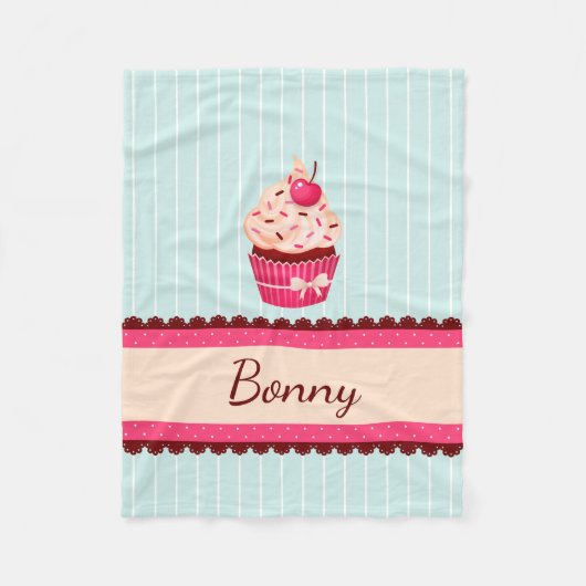 パーソナライズなピンクのカップケーキのミントの青の背景 フリースブランケット (正面)