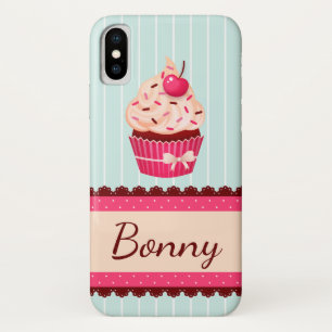パーソナライズなピンクのカップケーキのミントの青の背景 iPhone X ケース
