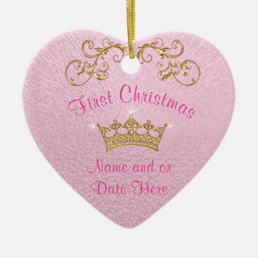 パーソナライズなピンクのベビーの初めてのクリスマスのオーナメント セラミックオーナメント (正面)